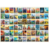 Completed National Parks puzzle showcasing illustrated posters of all 63 U.S. National Parks by Masterpieces