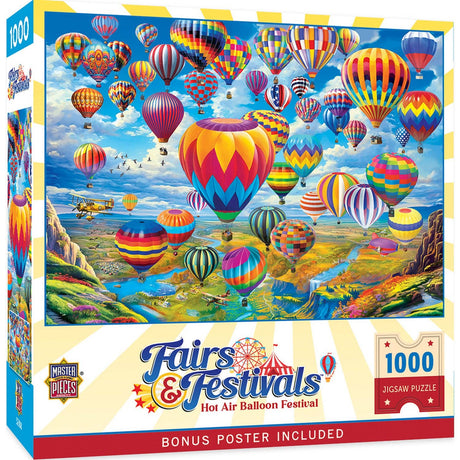 Box of the Hot Air Balloon Festival puzzle by Masterpieces, featuring a colorful aerial view of the festival 1000 piece jigsaw puzzle