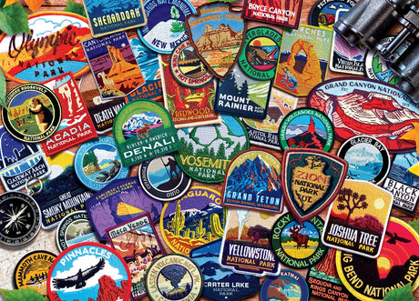 Completed Patches of the National Parks puzzle showcasing the vibrant collage of park patches by Masterpieces