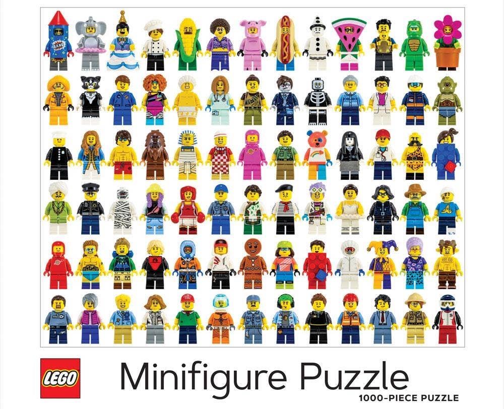 LEGO Minifigure Puzzle 1000 piece puzzle featuring a vibrant collection of LEGO minifigures