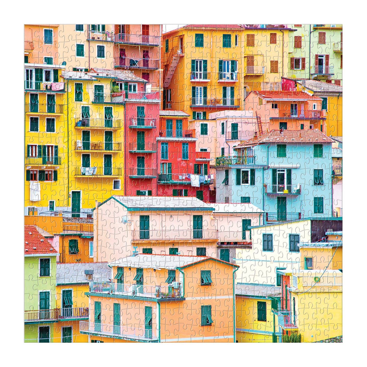 Completed Ciao from Cinque Terre puzzle with 500 pieces from Galison showcasing colorful Italian seaside buildings