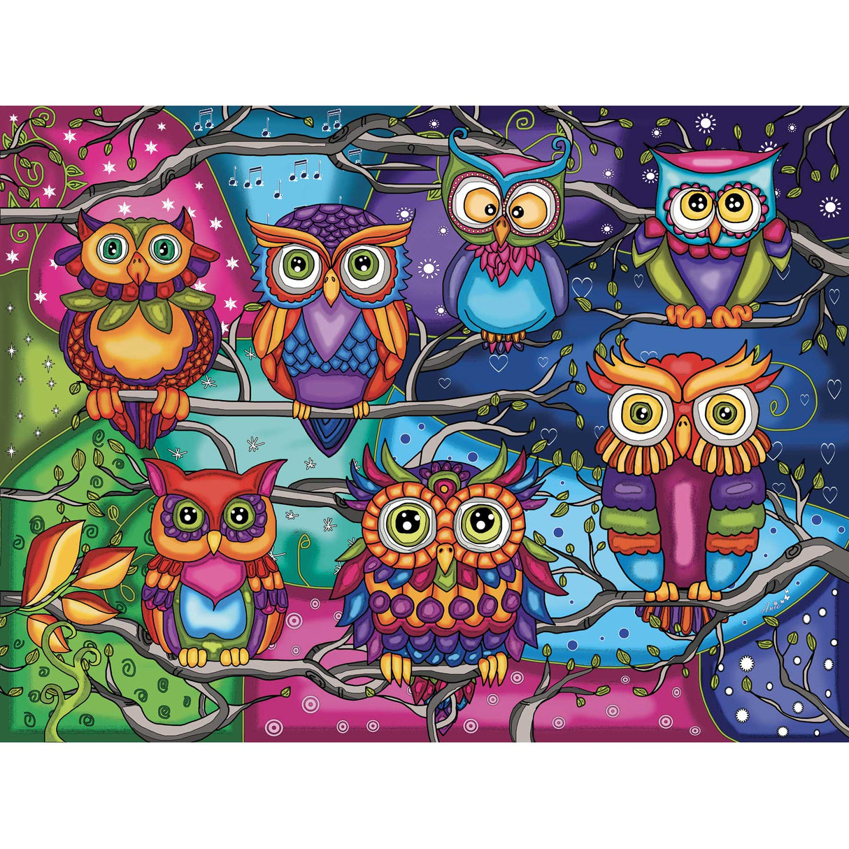 Owl Always Be There 1000 Piece Puzzle by JaCaRou featuring colorful owls on branches