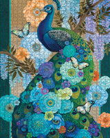 Completed Floral Peacock 1000 piece jigsaw puzzle by Pomegranate, showcasing the intricate design and rich colors