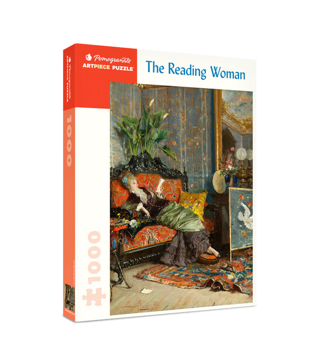 The Reading Woman 1000 piece puzzle by Pomegranate - intimate reading scene by the fire