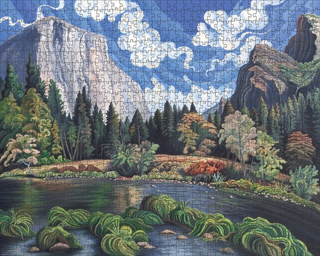 Completed Autumn in Yosemite Valley 1000 piece jigsaw puzzle by Pomegranate, showcasing the stylized beauty of Yosemite