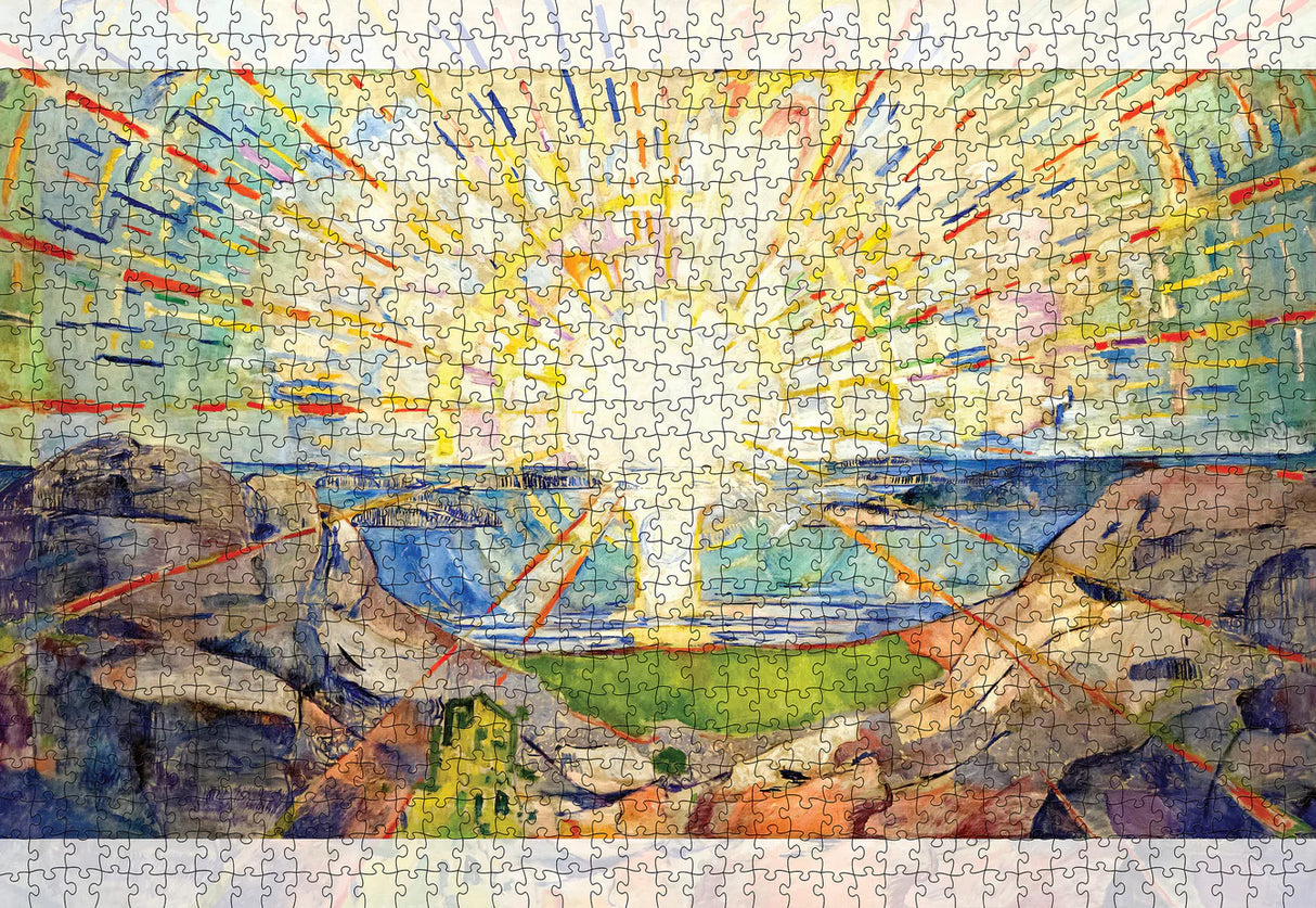 Completed The Sun a 1000 piece jigsaw puzzle by Pomegranate, showcasing Munch’s powerful mural