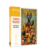 1000-piece puzzle box featuring 'Her Coat of Many Colors' by Tamara Madden. The box displays a vibrant, colorful portrait of a woman in a multicolored patchwork coat. Produced by Pomegranate ArtPiece Puzzle, this jigsaw puzzle combines art and challenge.
