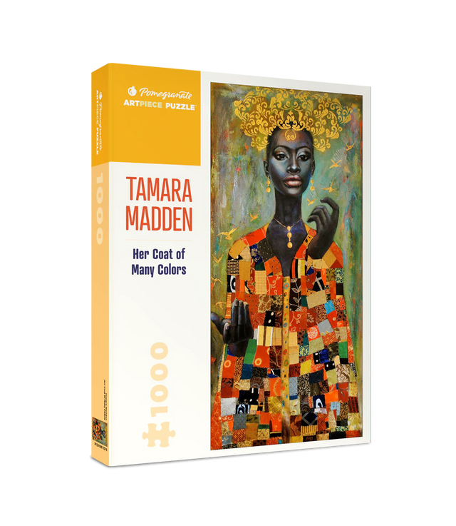 1000-piece puzzle box featuring 'Her Coat of Many Colors' by Tamara Madden. The box displays a vibrant, colorful portrait of a woman in a multicolored patchwork coat. Produced by Pomegranate ArtPiece Puzzle, this jigsaw puzzle combines art and challenge.