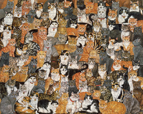 Completed Double Cat-Spread 1000 piece jigsaw puzzle by Pomegranate, showcasing Ditz’s detailed cat art