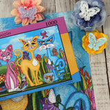 Close-up of vibrant Rosy, Sunny & Sky puzzle by JaCaRou featuring playful cats