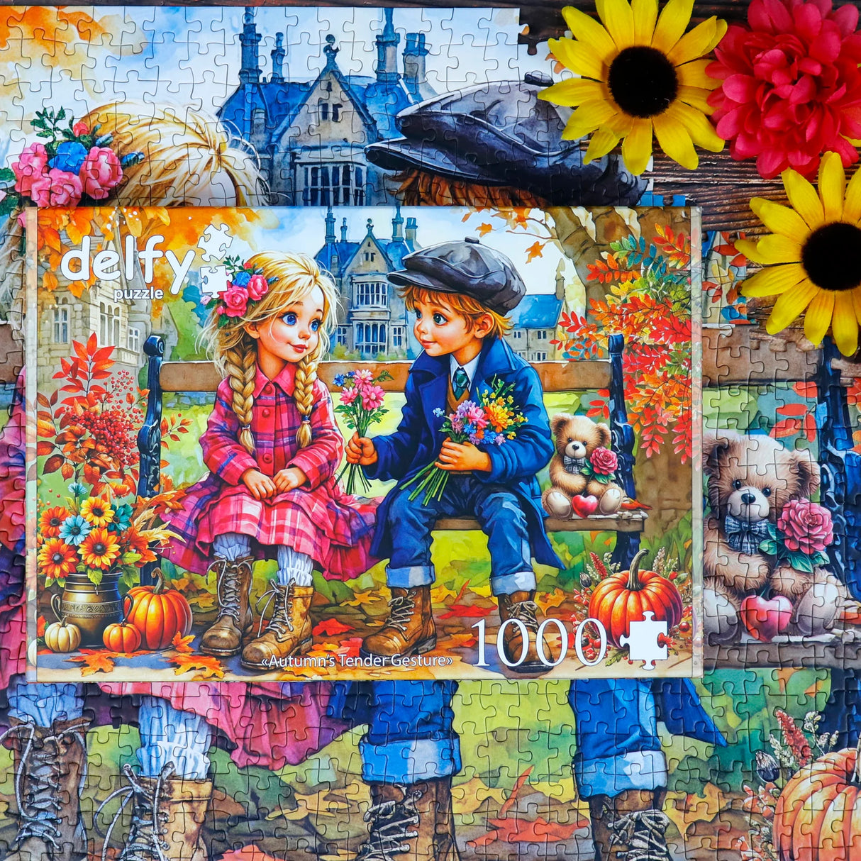 Artistic autumn puzzle box and puzzle featuring heartwarming child characters by Delfy