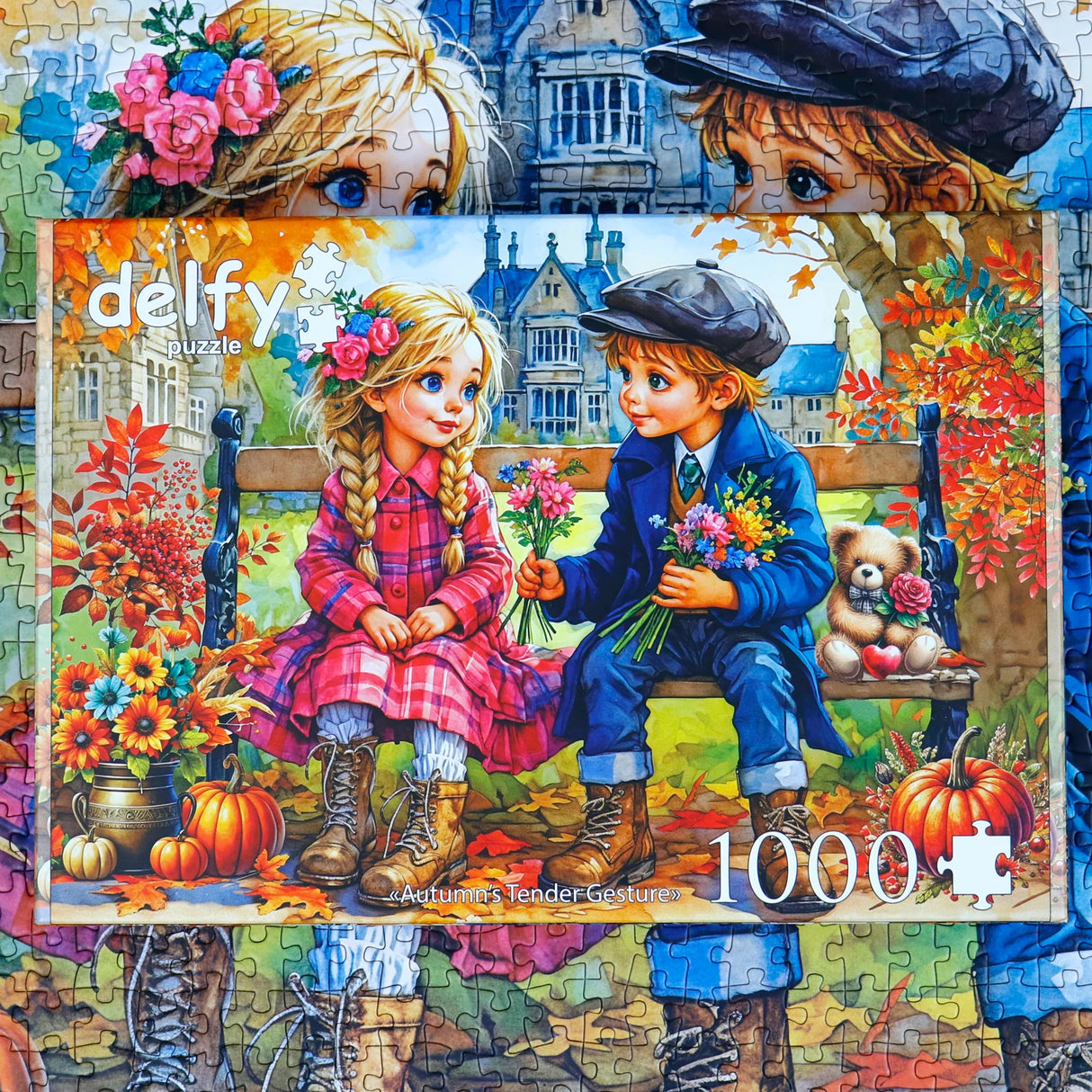 Cozy fall-themed puzzle of a young girl and boy with warm expressions