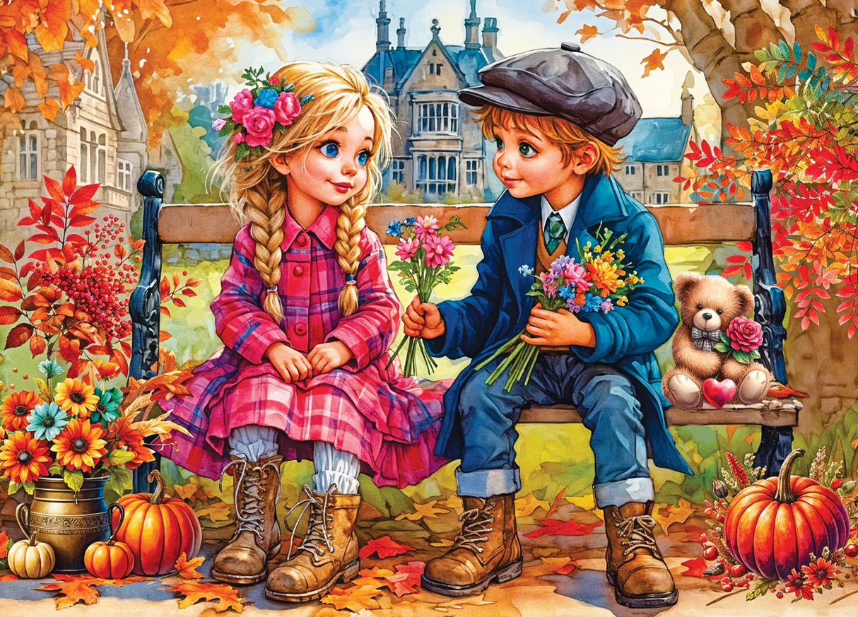 Young boy and girl with expressive eyes in autumn puzzle scene