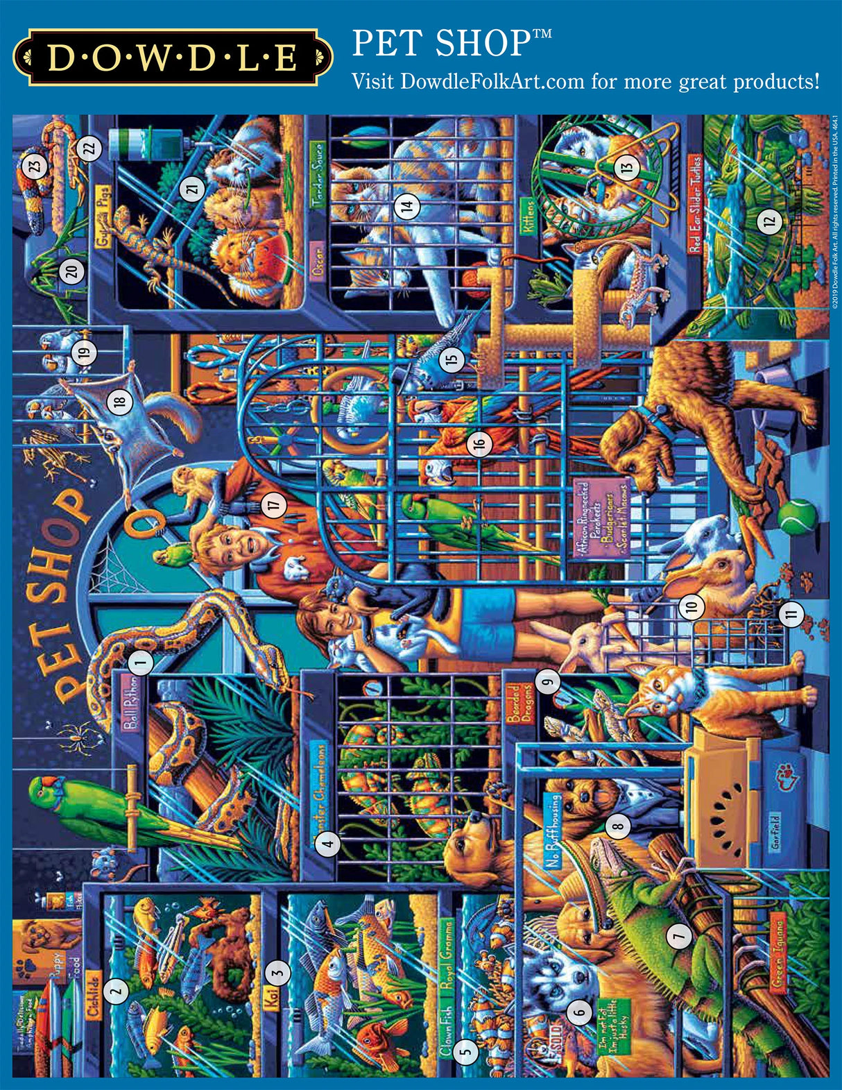 Puzzle image of a lively pet store scene with colorful pets and humorous details, illustrated by Andy C. Ellis