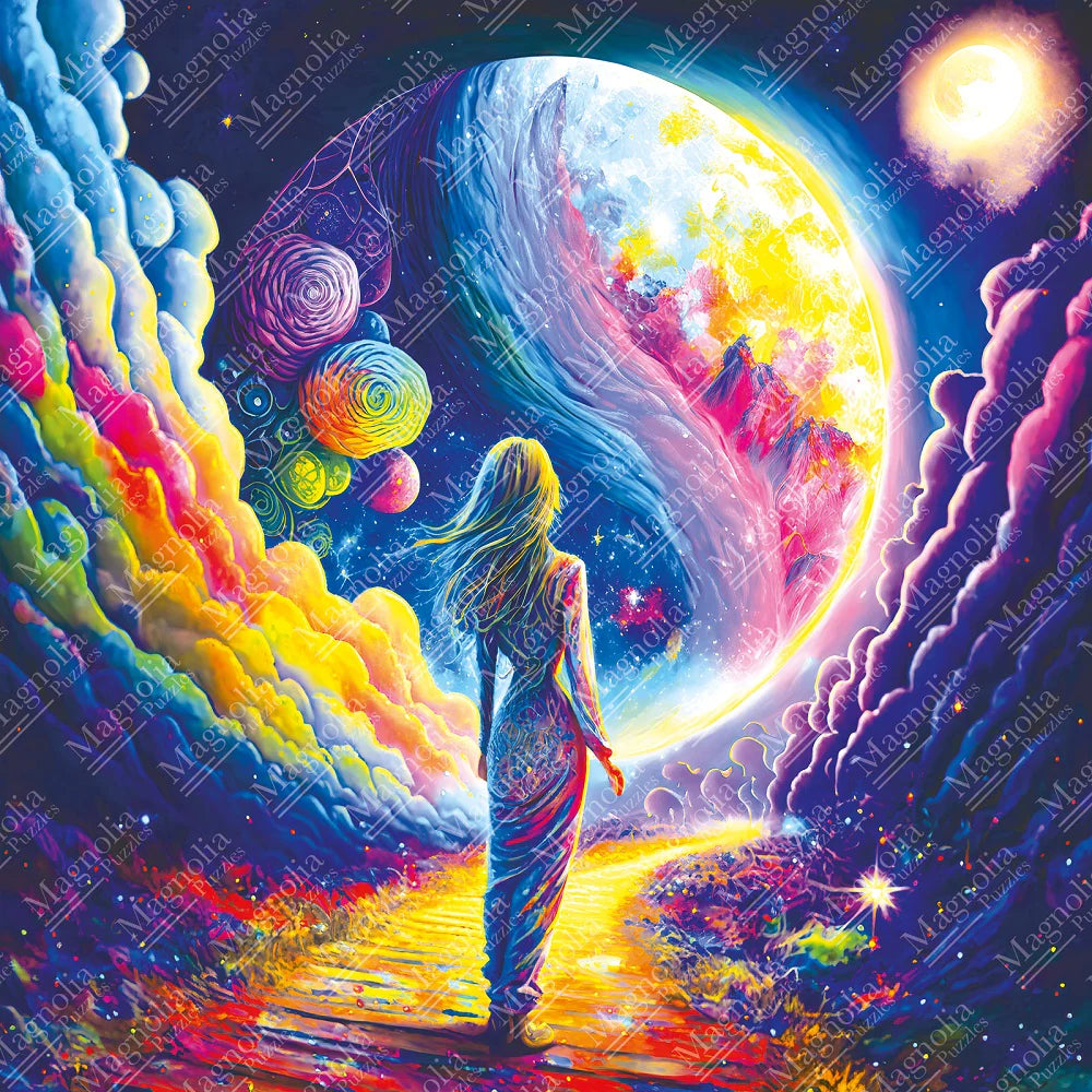 stral Visit jigsaw puzzle by Magnolia with 1000 pieces illustrating a woman in a cosmic world of swirling colors planets and an enormous glowing moon