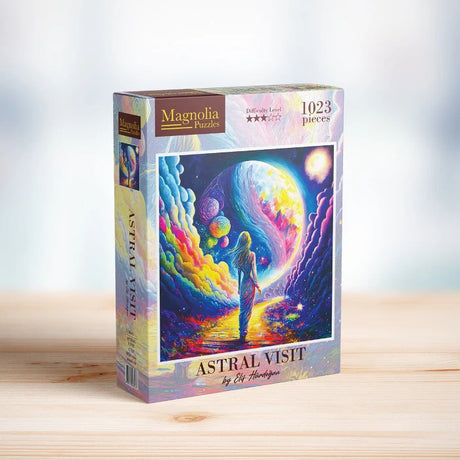 Astral Visit 1000-piece jigsaw puzzle by Magnolia featuring a woman walking towards a vibrant cosmic landscape with planets clouds and a radiant moon