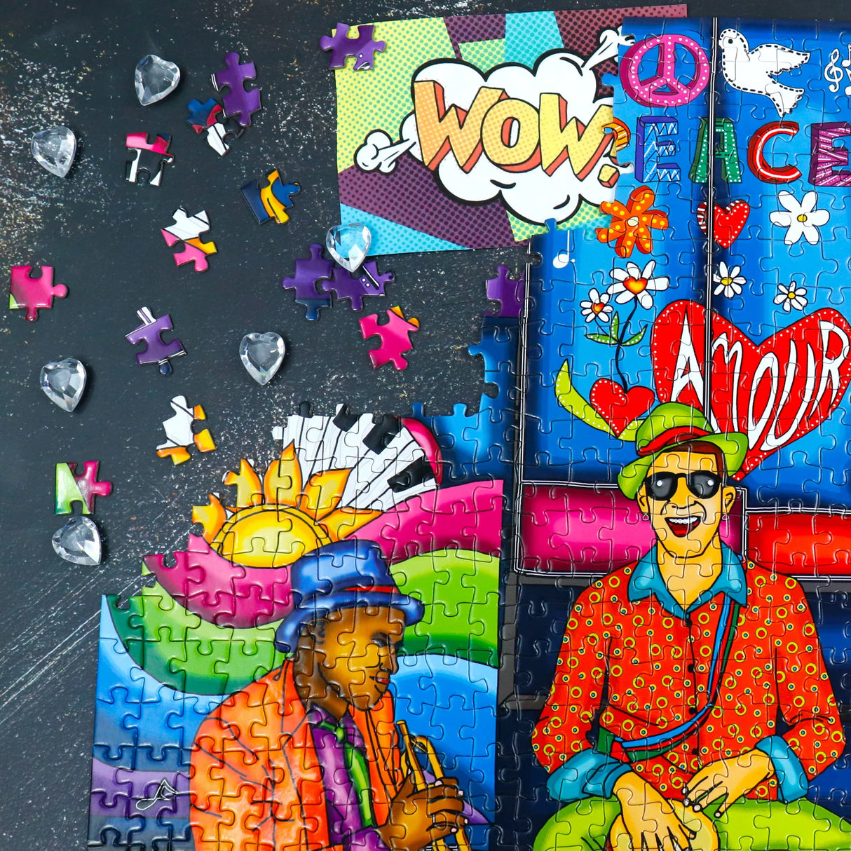 Close-up of completed The Gentleman Band 1000-piece puzzle by JaCaRou, showing colorful jazz musicians playing guitar, trumpet, and saxophone against a vivid urban mural with "Peace" and "Amour" graffiti. Perfect jigsaw puzzle for music lovers.