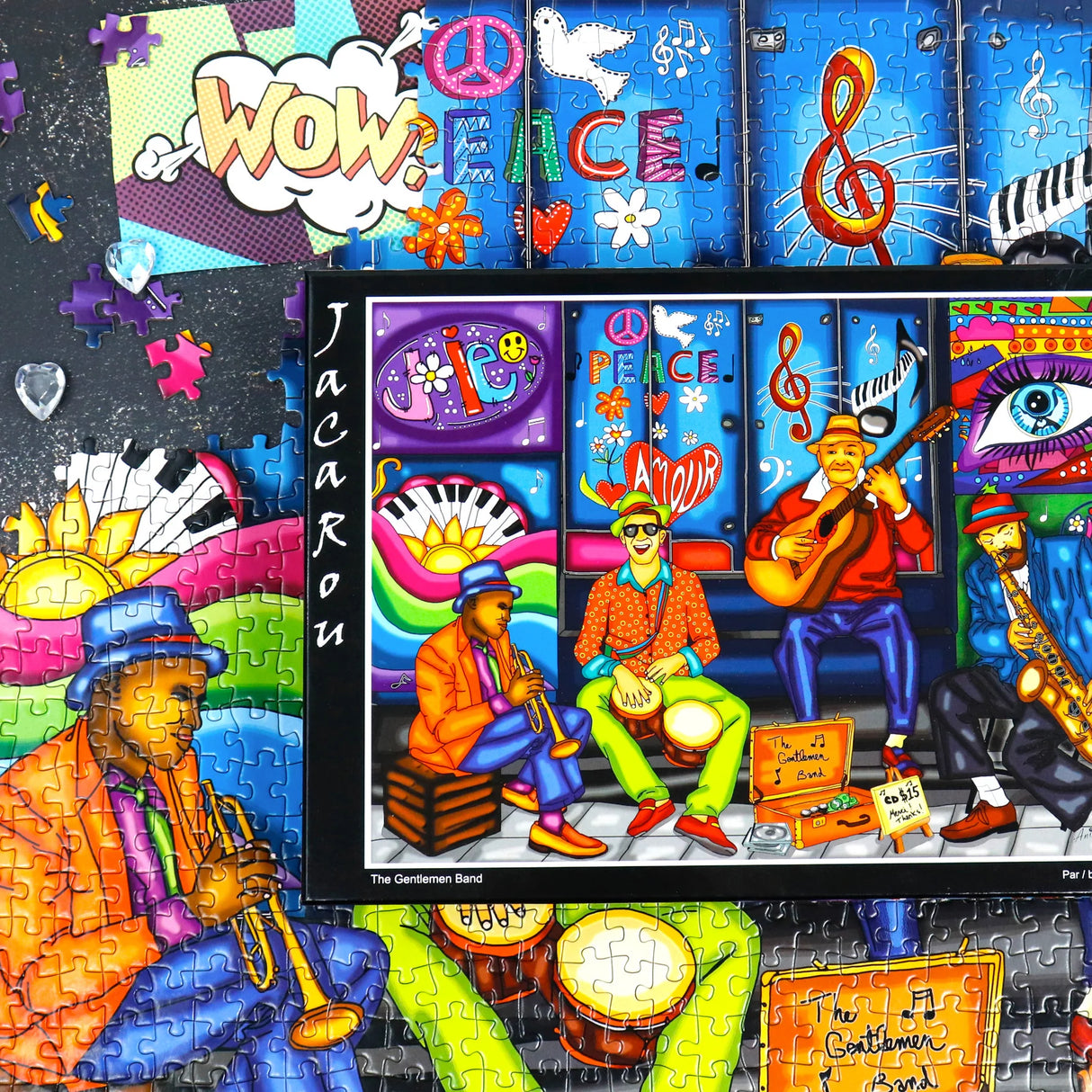 Close-up of JaCaRou’s The Gentleman Band jigsaw puzzle pieces, showing details like a saxophone, guitar, and trumpet players surrounded by eye-catching graffiti and symbols of love and peace. Great choice for 1000-piece puzzle fans.