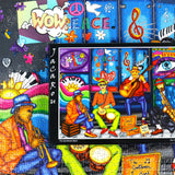 Close-up of JaCaRou’s The Gentleman Band jigsaw puzzle pieces, showing details like a saxophone, guitar, and trumpet players surrounded by eye-catching graffiti and symbols of love and peace. Great choice for 1000-piece puzzle fans.