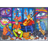 Vibrant street art-style puzzle scene with The Gentleman Band, featuring musicians in bright outfits and peace-themed graffiti. This 1000-piece JaCaRou puzzle captures the joy of music and is ideal for puzzle enthusiasts.