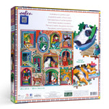 Back of the box for the Cats in Windows Jigsaw puzzle by eeBoo. A colorful puzzle about cats.