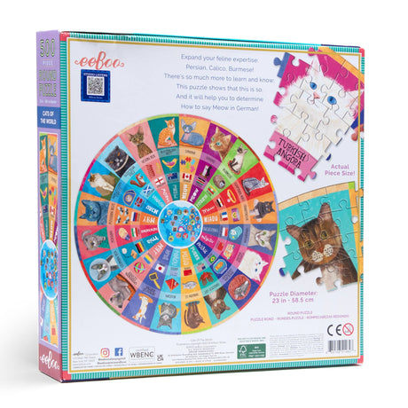 Back of the box for the Cats of the World 500 Piece Jigsaw Puzzle by eeBoo Piece and Love puzzles