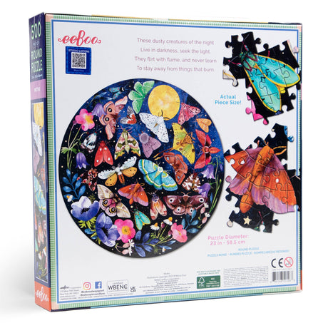 back of the box for the moths 500 piece jigsaw puzzle by eeboo piece and love puzzles of a round jigsaw puzzle.