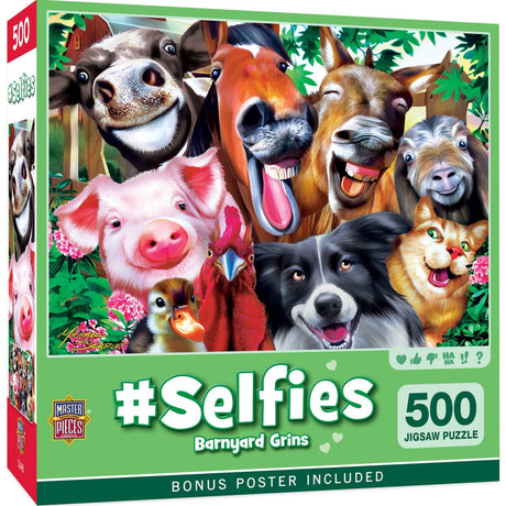 Selfies – Barnyard Grins 500 piece puzzle box showing smiling farm animals by Masterpieces