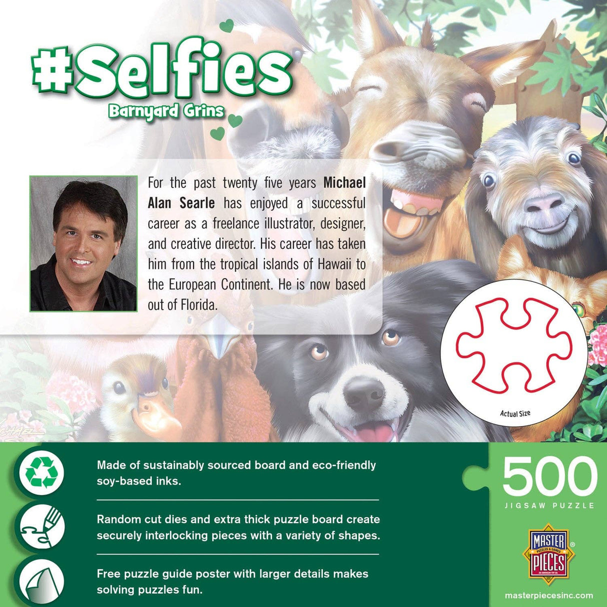 Back of box for Selfies – Barnyard Grins 500-piece puzzle box showing smiling farm animals Featuring artist Michael Alan Searle