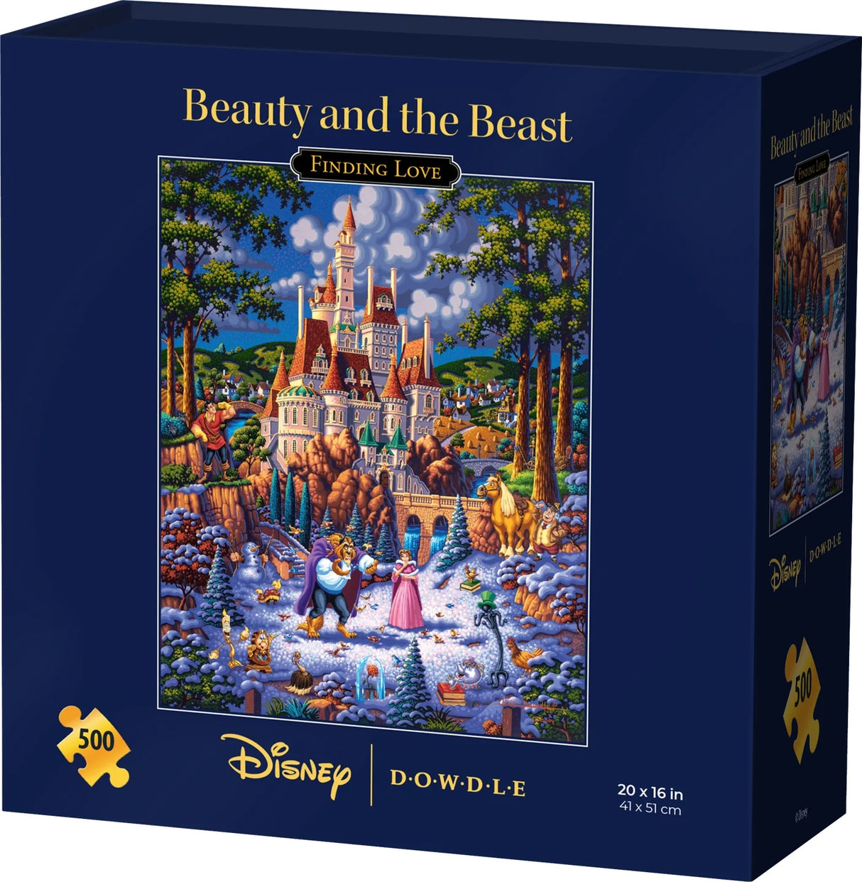 Beauty and the Beast Finding Love 500 piece puzzle box featuring Belle and the Beast and the castle from Dowdle and Disney