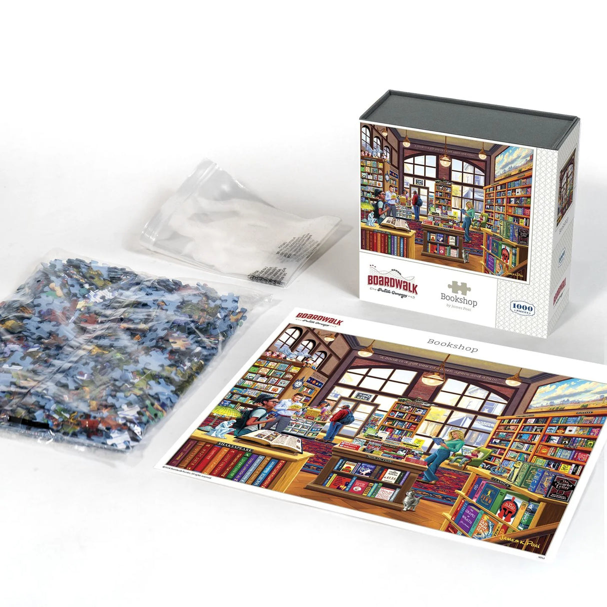 Contents of the Bookshop by Boardwalk 1000 piece jigsaw puzzle showcasing a detailed scene of a lively bookstore