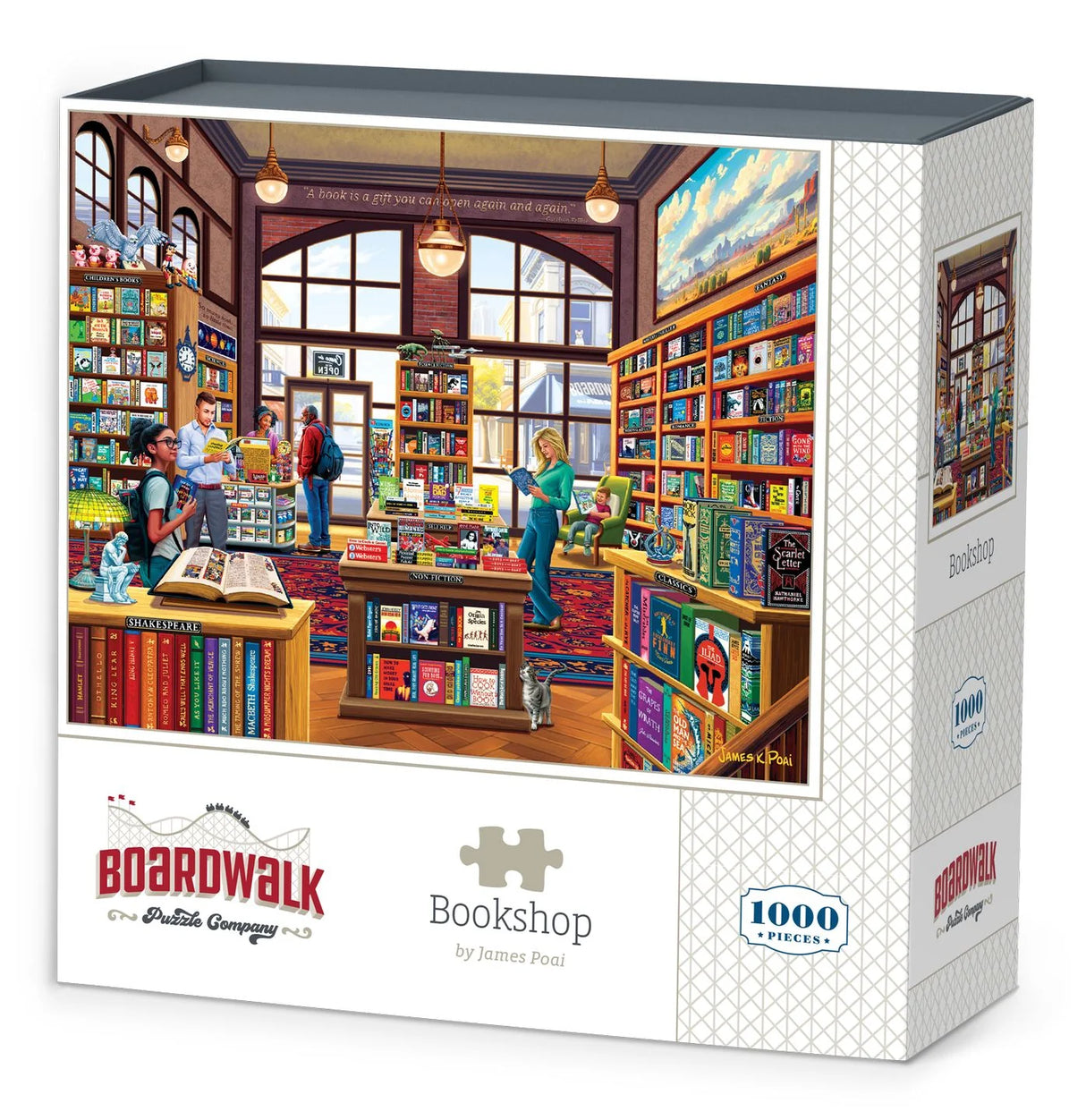 Puzzle box Bookshop puzzle featuring a cozy bookstore filled with colorful books and literary classics by Boardwalk