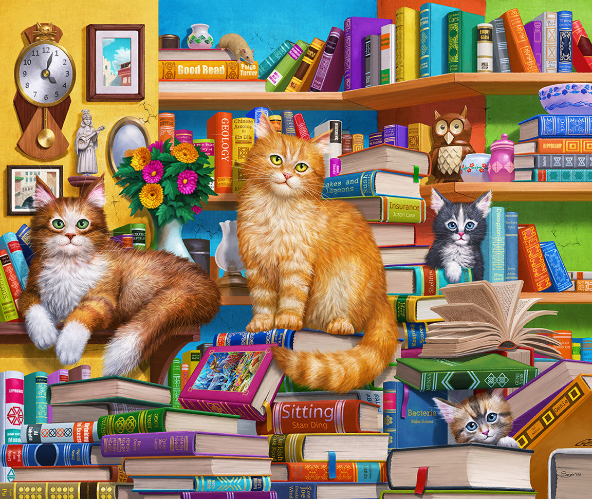 Completed Bookshop Cats puzzle with detailed cats and cozy bookshop scene