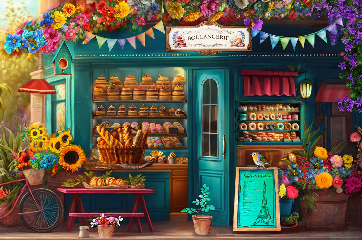 Boulangerie Pastry Shop puzzle featuring a Parisian bakery scene with pastries and flowers by Springbok