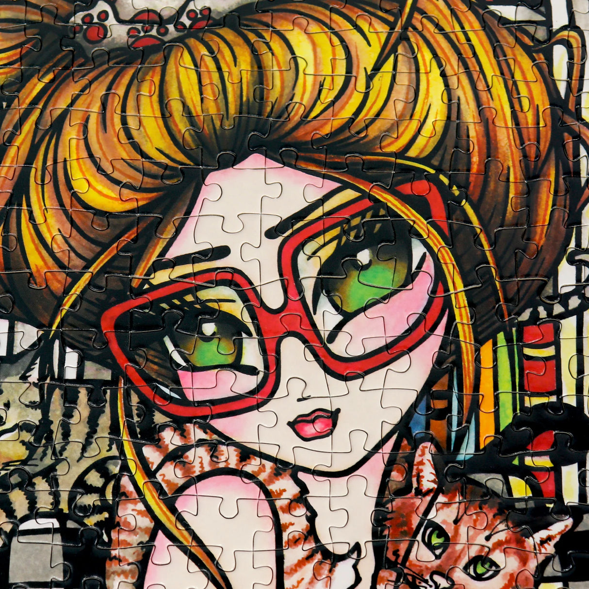 Close-up of lady with big eyes in JaCaRou’s Crazy Cat Lady puzzle