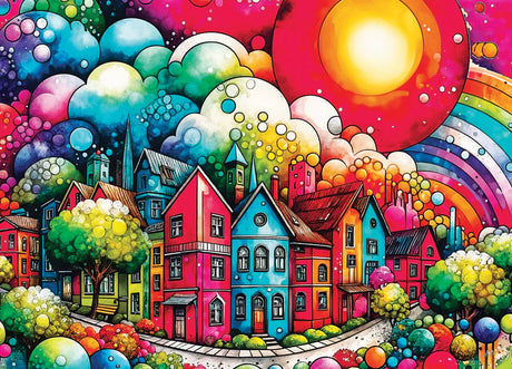 Chromatic Lane 1000-piece puzzle by JaCaRou featuring colorful houses and vibrant bubbles