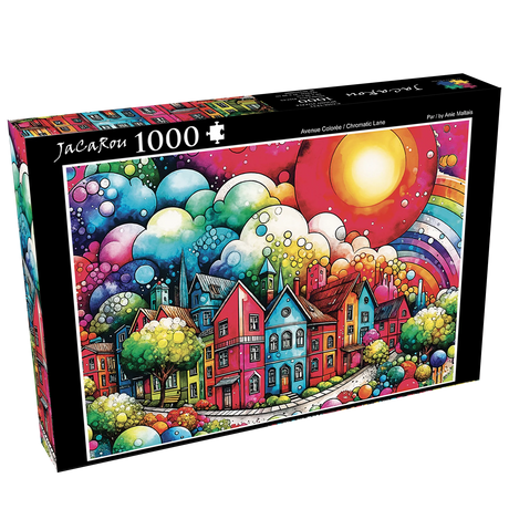 Chromatic Lane 1000 piece puzzle by JaCaRou featuring colorful houses and vibrant bubbles
