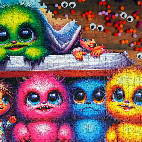 Close-up of colorful, friendly monsters in Delfy puzzle Cool Monsters