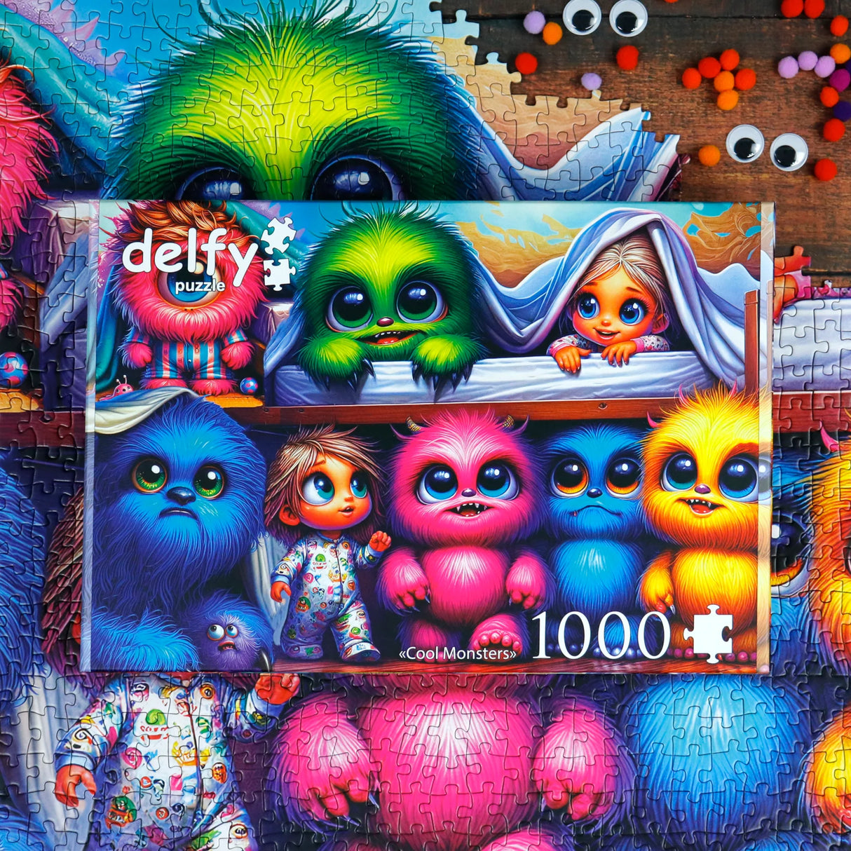 Family-friendly 1000-piece puzzle with whimsical monster characters by Delfy