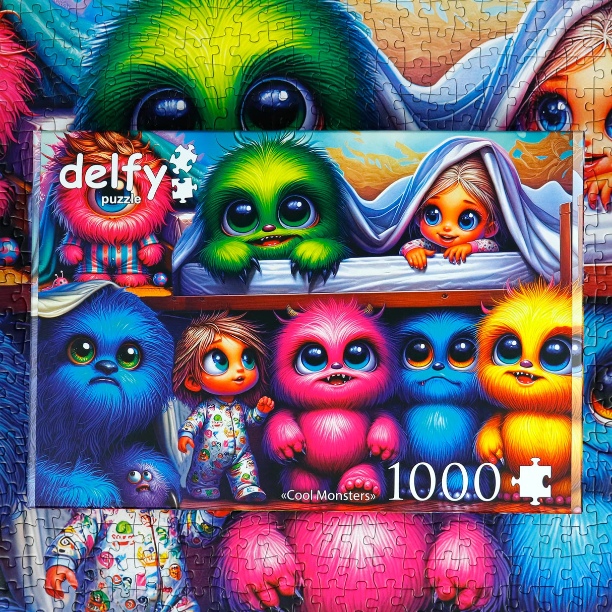 Finished Puzzle and box for the Cool Monsters 1000 piece puzzle by Delfy