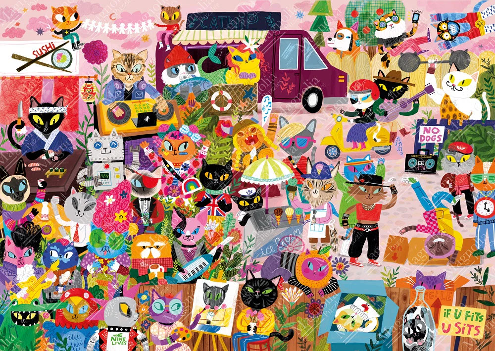 Cat Crowd puzzle by Magnolia with a vibrant array of cats engaging in fun activities, like making sushi, painting, and playing instruments.