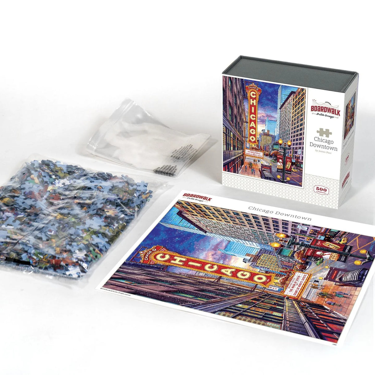 Contents for the Chicago Downtown puzzle featuring the iconic marquee of the Chicago Theatre on State Street by Boardwalk