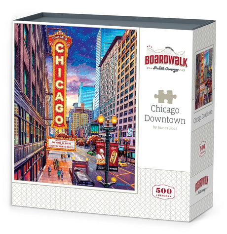 Chicago Downtown puzzle featuring the iconic marquee of the Chicago Theatre on State Street by Boardwalk