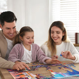 Family putting together the Scenic downtown Chicago-themed puzzle featuring the grand architecture of the Chicago Theatre