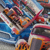 Puzzle box and completed puzzle of a classic car meet-up with vibrant hot rods and cruisers at a nostalgic American diner scene