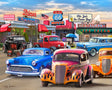 Classic Car Show jigsaw puzzle featuring vintage cars in front of a Route 66 diner by Springbok