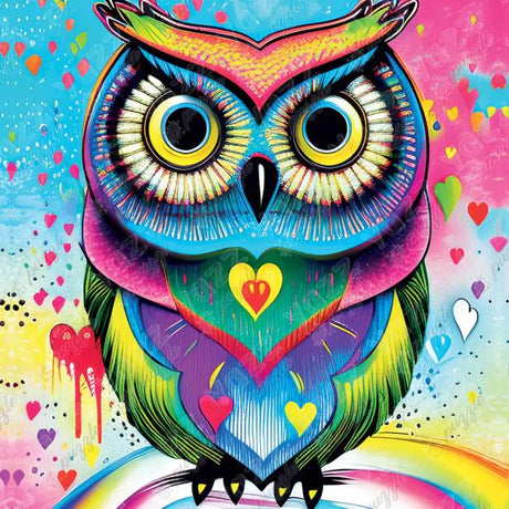 Bright and colorful owl puzzle featuring hearts and expressive eyes