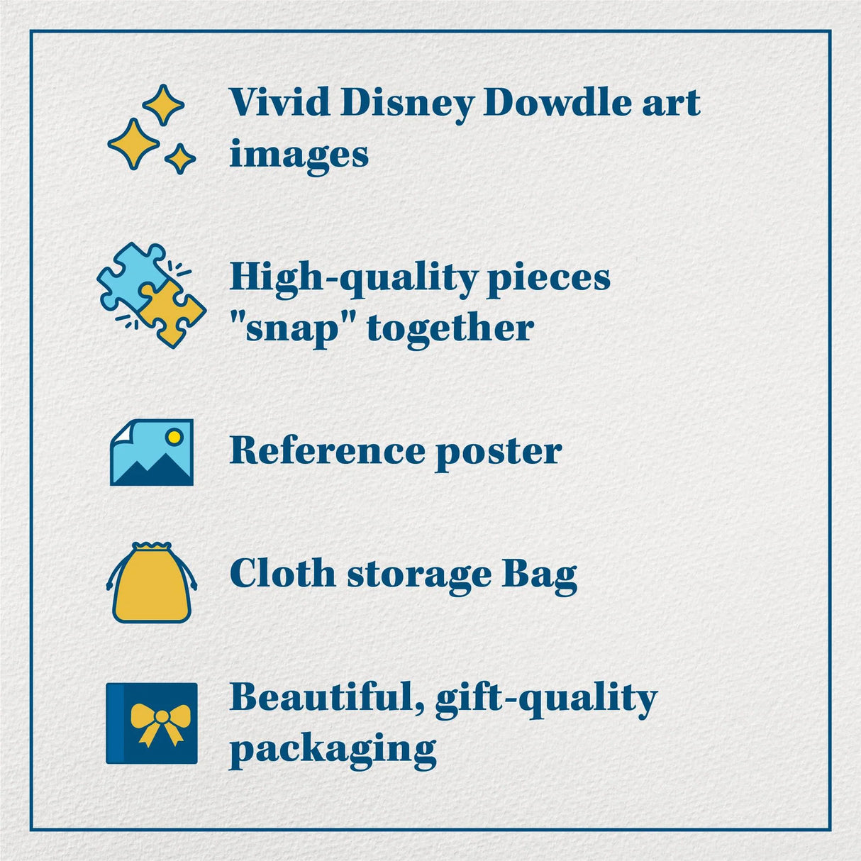 List of the contents in the box for the Peter Pan learning to fly 500 piece puzzle by Dowdle and Disney