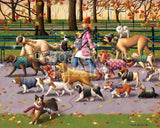 Boardwalk 1000-piece jigsaw puzzle showing a lively scene of a dog walker with different breeds