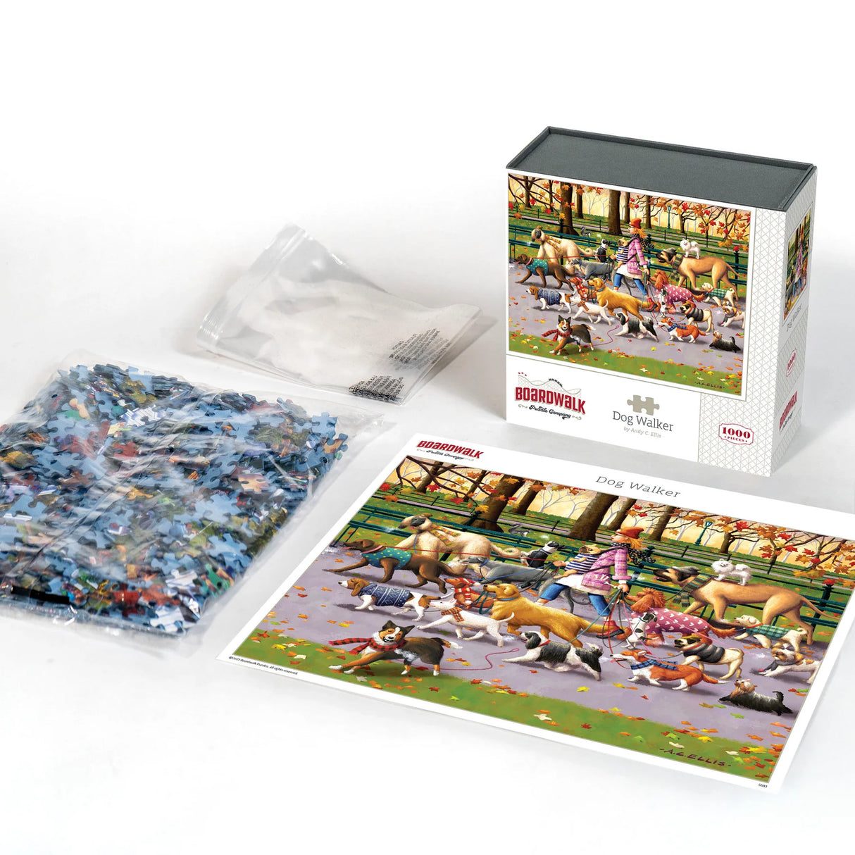 Contents for the Dog Walker puzzle featuring a variety of dog breeds out for a stroll among autumn leaves by Boardwalk